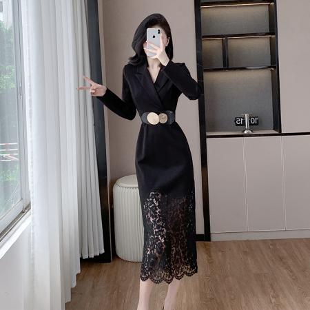 FA40468# 设计感名媛气质西装领拼接蕾丝包臀连衣裙 服裝批發女裝批發服飾貨源