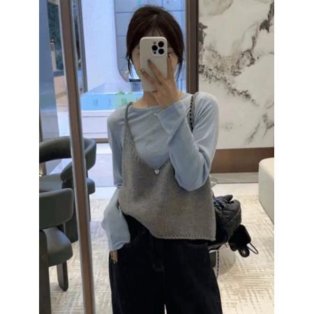 LN76278# 早秋韩剧女主穿搭套装女蓝色别致设计感叠穿针织衫吊带背心两件套