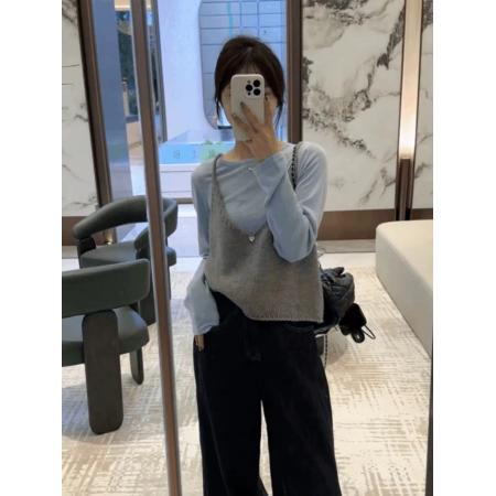 LN76278# 早秋韩剧女主穿搭套装女蓝色别致设计感叠穿针织衫吊带背心两件套