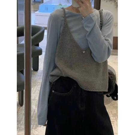 LN76278# 早秋韩剧女主穿搭套装女蓝色别致设计感叠穿针织衫吊带背心两件套