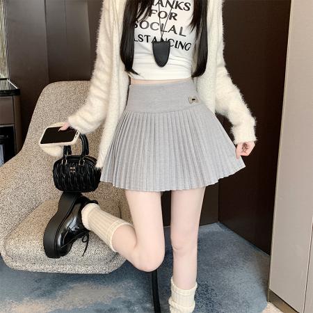 FA40474# 毛呢百褶半身裙女冬季加厚高腰a字半裙浅色针织短裙 服裝批發女裝批發服飾貨源