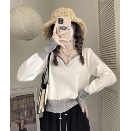 FA40476# 拼色polo领针织衫女装秋季新款百打底上衣爆款毛衣冬 服裝批發女裝批發服飾貨源