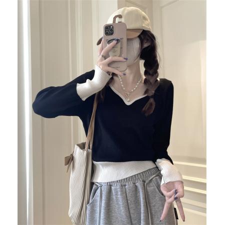 FA40476# 拼色polo领针织衫女装秋季新款百打底上衣爆款毛衣冬 服裝批發女裝批發服飾貨源