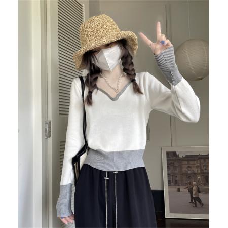 FA40476# 拼色polo领针织衫女装秋季新款百打底上衣爆款毛衣冬 服裝批發女裝批發服飾貨源
