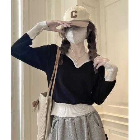 FA40476# 拼色polo领针织衫女装秋季新款百打底上衣爆款毛衣冬 服裝批發女裝批發服飾貨源