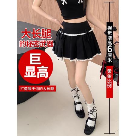 FA40479# 纯欲风蕾丝花边百褶短裙女夏季高腰辣妹蝴蝶结A字半身裙 服裝批發女裝批發服飾貨源