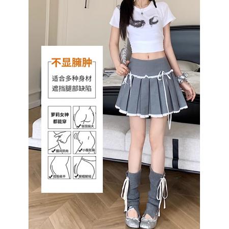 FA40479# 纯欲风蕾丝花边百褶短裙女夏季高腰辣妹蝴蝶结A字半身裙 服裝批發女裝批發服飾貨源