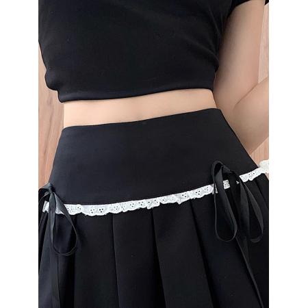 FA40479# 纯欲风蕾丝花边百褶短裙女夏季高腰辣妹蝴蝶结A字半身裙 服裝批發女裝批發服飾貨源