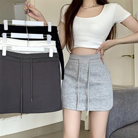 FA40482# 纯棉华棉内里拉链口袋短裙高腰抽绳半身裙 服裝批發女裝批發服飾貨源