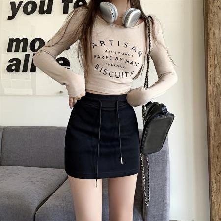 FA40482# 纯棉华棉内里拉链口袋短裙高腰抽绳半身裙 服裝批發女裝批發服飾貨源