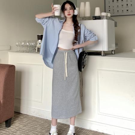 FA40483# 纯棉华棉抽绳口袋中裙后摆开叉收腰半身裙 服裝批發女裝批發服飾貨源