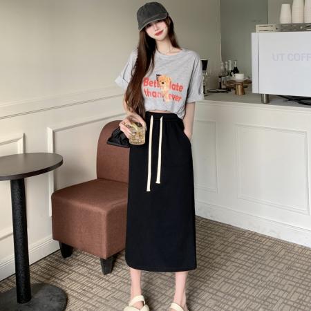 FA40483# 纯棉华棉抽绳口袋中裙后摆开叉收腰半身裙 服裝批發女裝批發服飾貨源
