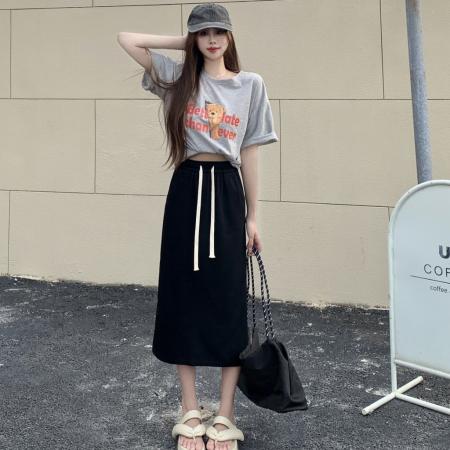 FA40483# 纯棉华棉抽绳口袋中裙后摆开叉收腰半身裙 服裝批發女裝批發服飾貨源