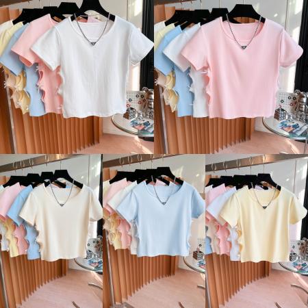 FA40484# 纯棉侧边镂空蝴蝶结短袖T空白版 服裝批發女裝批發服飾貨源
