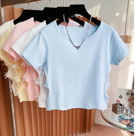 FA40484# 纯棉侧边镂空蝴蝶结短袖T空白版 服裝批發女裝批發服飾貨源