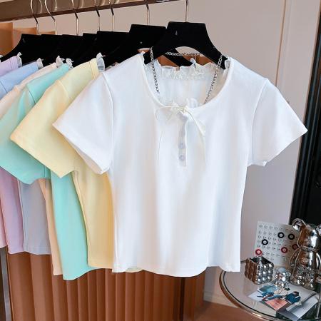 FA40485# 纯棉蕾丝花边圆领纽扣蝴蝶结T恤 服裝批發女裝批發服飾貨源