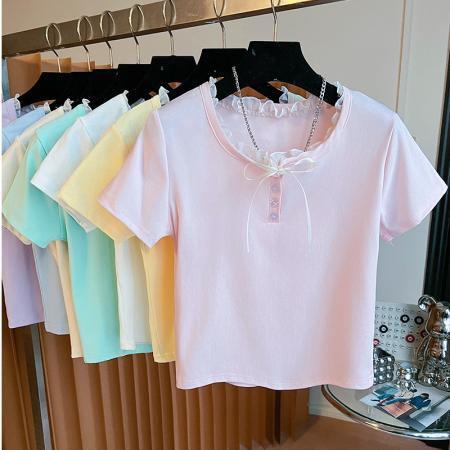 FA40485# 纯棉蕾丝花边圆领纽扣蝴蝶结T恤 服裝批發女裝批發服飾貨源