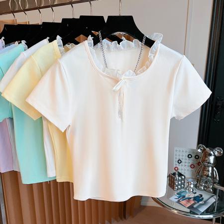 FA40485# 纯棉蕾丝花边圆领纽扣蝴蝶结T恤 服裝批發女裝批發服飾貨源