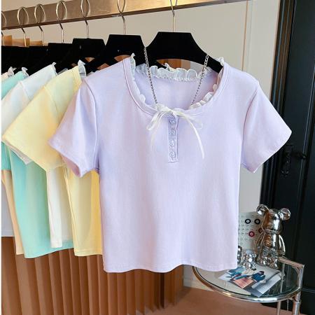 FA40485# 纯棉蕾丝花边圆领纽扣蝴蝶结T恤 服裝批發女裝批發服飾貨源