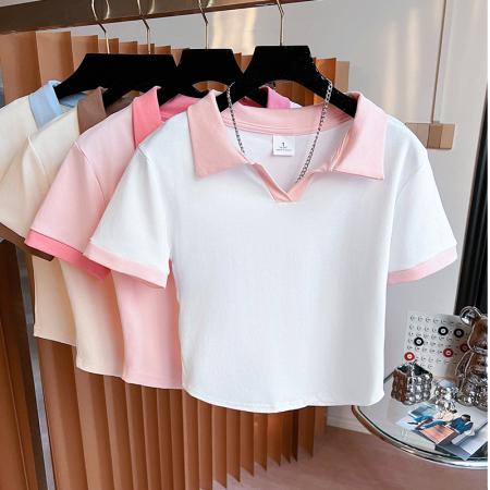 FA40486# 纯棉撞色POLO领短袖T恤短款小衫 服裝批發女裝批發服飾貨源