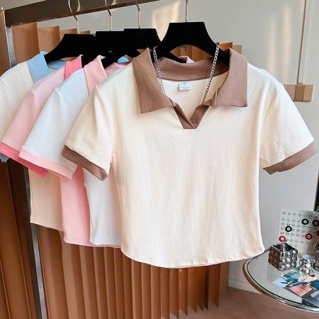 FA40486# 纯棉撞色POLO领短袖T恤短款小衫 服裝批發女裝批發服飾貨源