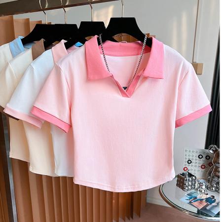 FA40486# 纯棉撞色POLO领短袖T恤短款小衫 服裝批發女裝批發服飾貨源