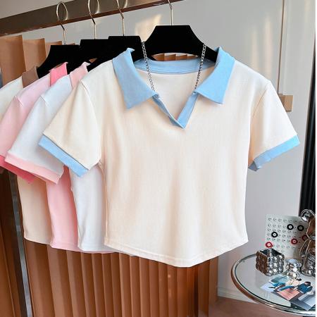 FA40486# 纯棉撞色POLO领短袖T恤短款小衫 服裝批發女裝批發服飾貨源