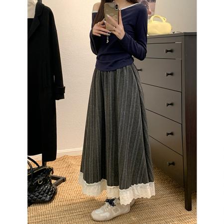 FA40493# 蕾丝花边半身裙女秋冬法式气质高腰灰色复古竖条纹拼接A字长裙子 服裝批發女裝批發服飾貨源