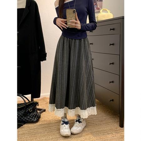 FA40493# 蕾丝花边半身裙女秋冬法式气质高腰灰色复古竖条纹拼接A字长裙子 服裝批發女裝批發服飾貨源