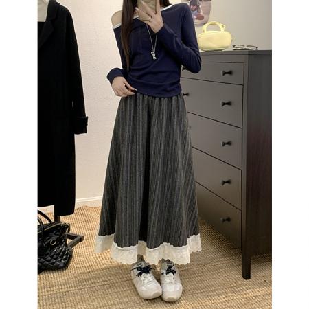 FA40493# 蕾丝花边半身裙女秋冬法式气质高腰灰色复古竖条纹拼接A字长裙子 服裝批發女裝批發服飾貨源