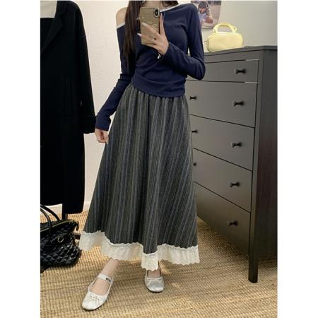 FA40493# 蕾丝花边半身裙女秋冬法式气质高腰灰色复古竖条纹拼接A字长裙子 服裝批發女裝批發服飾貨源