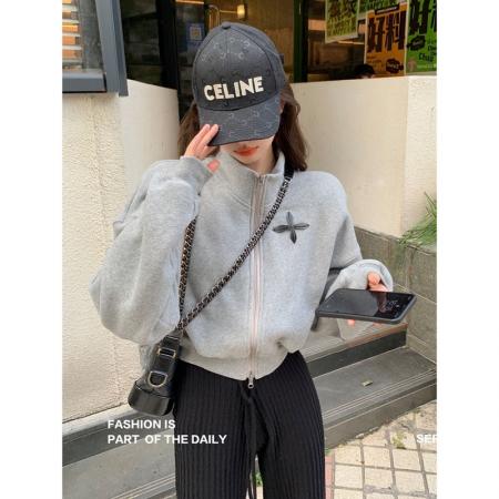 FA40503# 复合华棉双拉链长袖外套上衣 服裝批發女裝批發服飾貨源