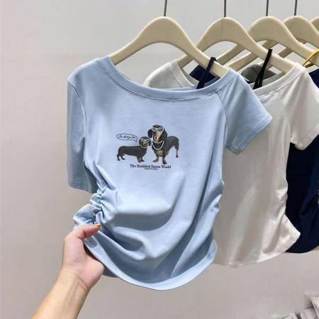 FA40536# 夏季新款斜肩吊带拼接T恤女设计感小众修身短袖上衣 服裝批發女裝批發服飾貨源