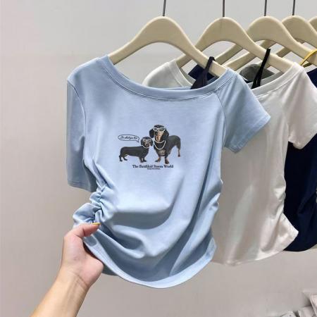 FA40536# 夏季新款斜肩吊带拼接T恤女设计感小众修身短袖上衣 服裝批發女裝批發服飾貨源