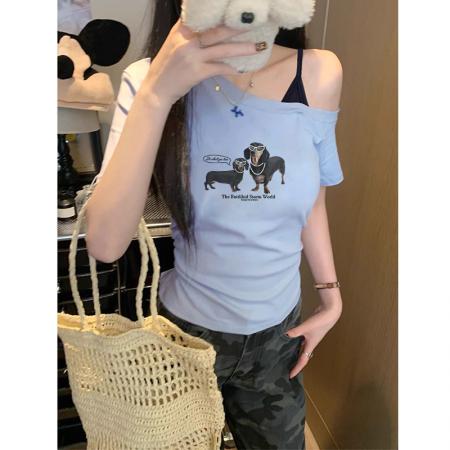 FA40536# 夏季新款斜肩吊带拼接T恤女设计感小众修身短袖上衣 服裝批發女裝批發服飾貨源