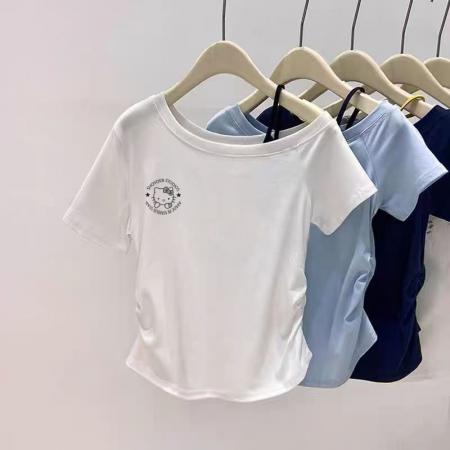 FA40537# 甜美风斜肩短袖上衣女夏季新款修身拼接设计感体恤 服裝批發女裝批發服飾貨源