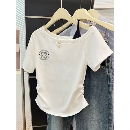 FA40537# 甜美风斜肩短袖上衣女夏季新款修身拼接设计感体恤 服裝批發女裝批發服飾貨源