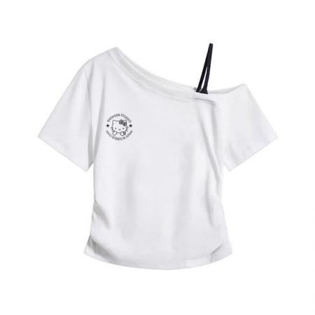 FA40537# 甜美风斜肩短袖上衣女夏季新款修身拼接设计感体恤 服裝批發女裝批發服飾貨源