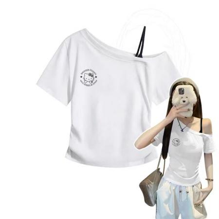 FA40537# 甜美风斜肩短袖上衣女夏季新款修身拼接设计感体恤 服裝批發女裝批發服飾貨源