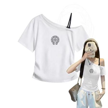 FA40538# 小众斜肩短袖上衣女夏新款甜美修身吊带拼接体恤潮 服裝批發女裝批發服飾貨源
