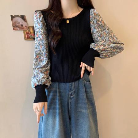 FA40550# 女装遮肚子碎花拼接长袖泡泡袖胖MM修身显瘦打底衫上衣 服裝批發女裝批發服飾貨源
