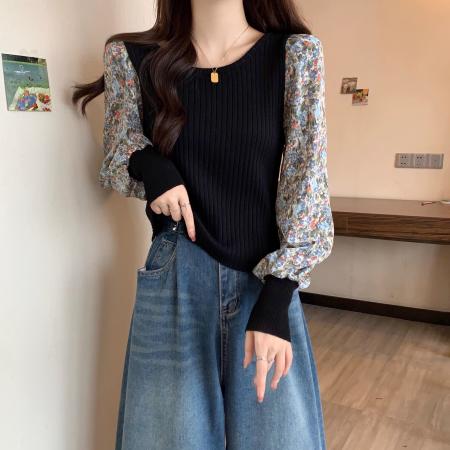 FA40550# 女装遮肚子碎花拼接长袖泡泡袖胖MM修身显瘦打底衫上衣 服裝批發女裝批發服飾貨源