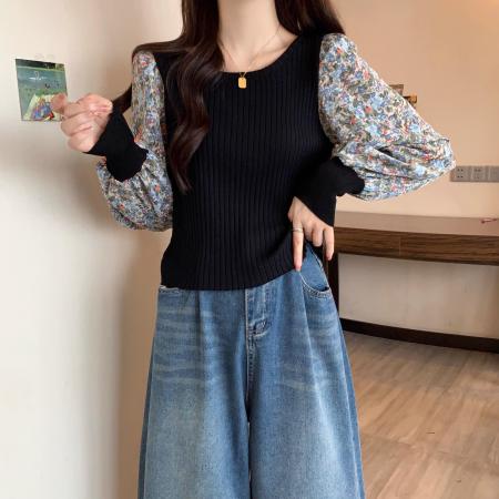 FA40550# 女装遮肚子碎花拼接长袖泡泡袖胖MM修身显瘦打底衫上衣 服裝批發女裝批發服飾貨源