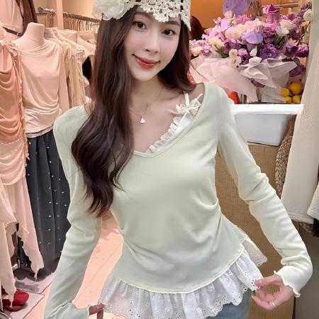 FA40554# 绿色V领修身显瘦短袖t恤女夏季新款拼接蕾丝花边打底小上衣 服裝批發女裝批發服飾貨源