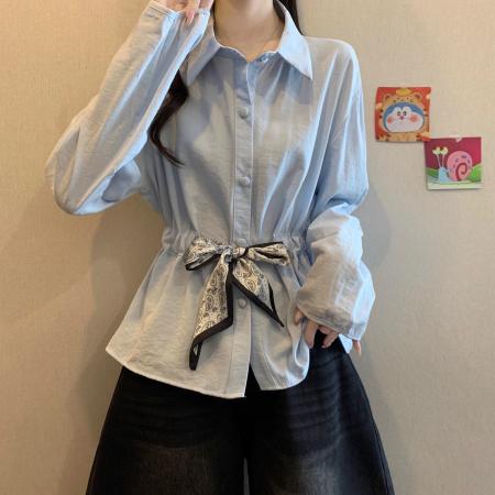 FA40555# 韩气质丝巾系带浅蓝色长袖衬衫女秋胖mm遮肚上衣 服裝批發女裝批發服飾貨源