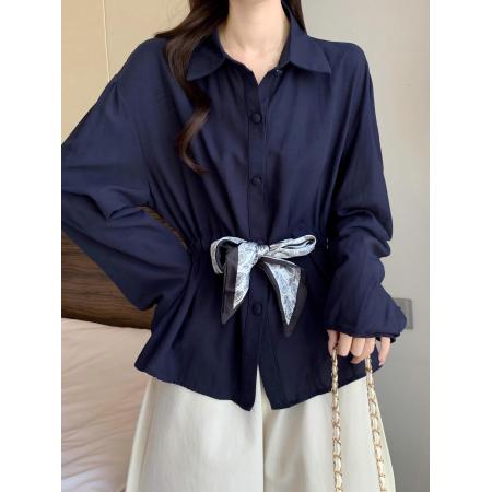 FA40555# 韩气质丝巾系带浅蓝色长袖衬衫女秋胖mm遮肚上衣 服裝批發女裝批發服飾貨源