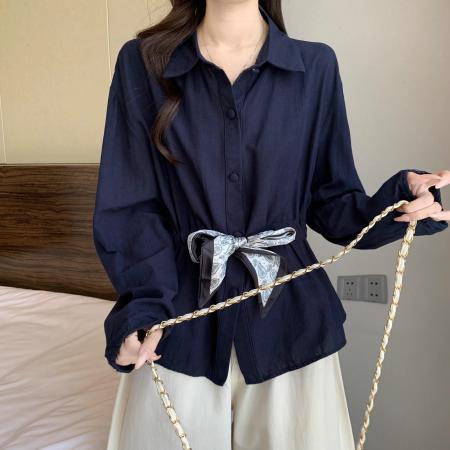 FA40555# 韩气质丝巾系带浅蓝色长袖衬衫女秋胖mm遮肚上衣 服裝批發女裝批發服飾貨源