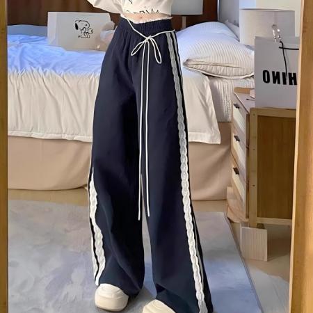 FA40557# 洋气女蕾丝花边拼接休闲裤女春秋新款宽松阔腿休闲百搭长 服裝批發女裝批發服飾貨源