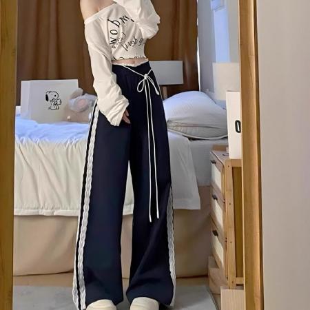 FA40557# 洋气女蕾丝花边拼接休闲裤女春秋新款宽松阔腿休闲百搭长 服裝批發女裝批發服飾貨源