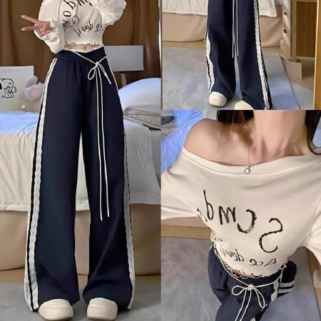 FA40557# 洋气女蕾丝花边拼接休闲裤女春秋新款宽松阔腿休闲百搭长 服裝批發女裝批發服飾貨源